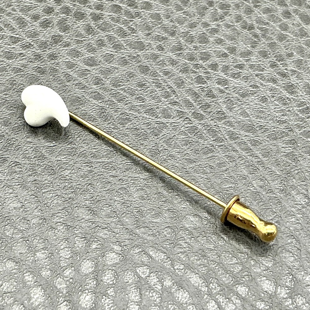 Vintage Monet Stick Pin Heart‎ White Enamel Gold Tone Signed Costume Jewelry 2"